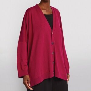 NWT ESKANDAR Wide-Square 100% Linen Button Front Oversized Cardigan Magenta O/S